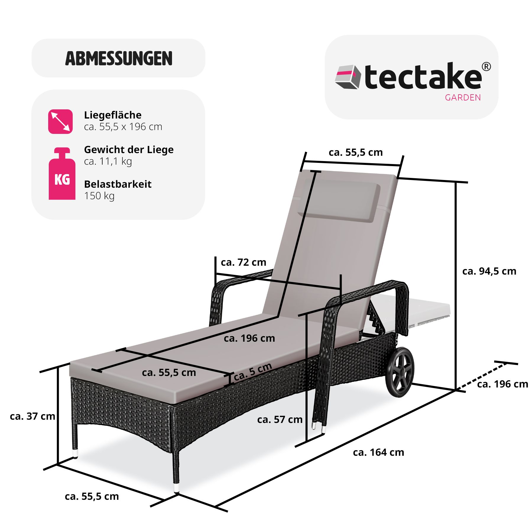 tectake® Rattan Sonnenliege, mit Aluminiumgestell, 6-fach verstellbare Rückenlehne, 196 x 72 x 57 - 94,5 cm