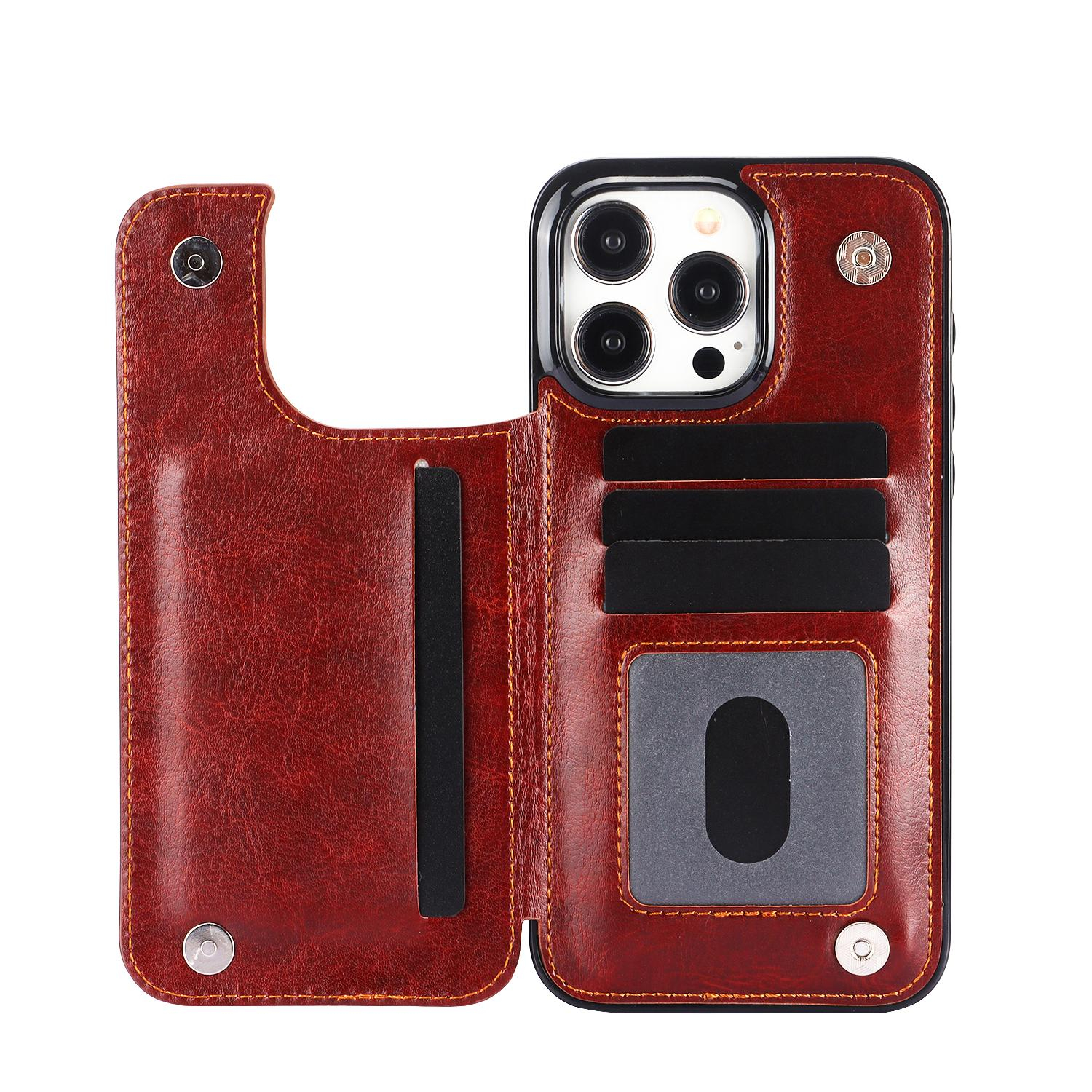 iPhone 15 Pro Max Hybrid Leder Hülle mit Kartenfach   Kickstand Aufsteller - Braun
