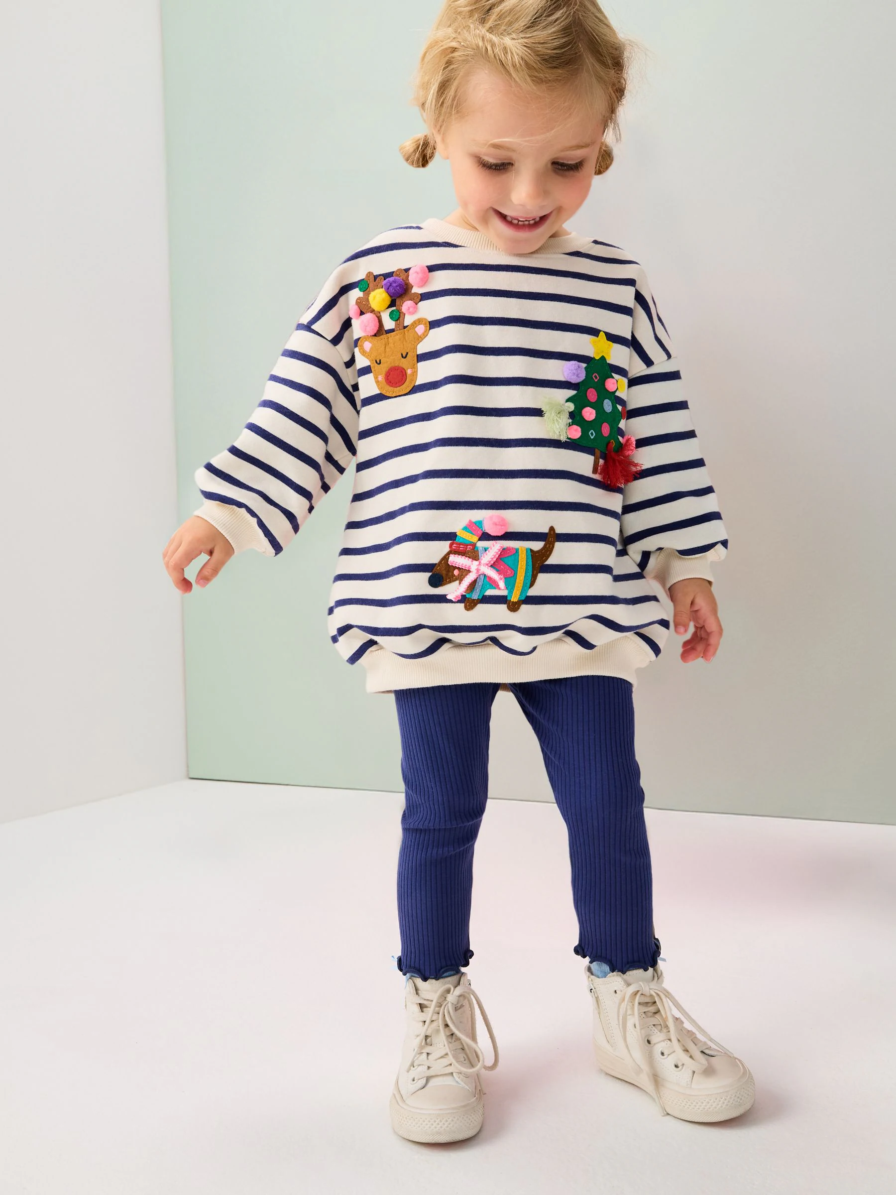 Crème/marineblauwe strepen Kerstmis - Set met sweatshirt en legging (3 mnd-7 jr)