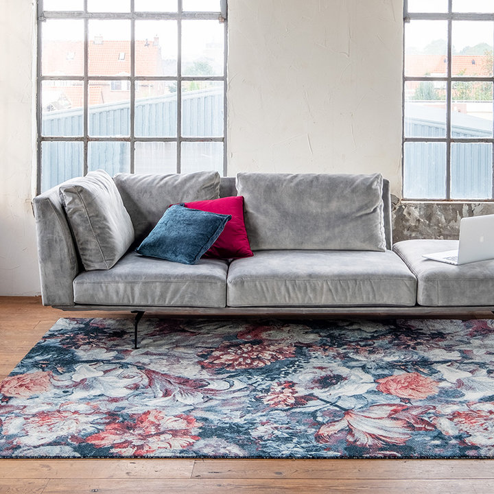 Bloemen vloerkleed - Flores Blauw/Rood | Hoge kwaliteit