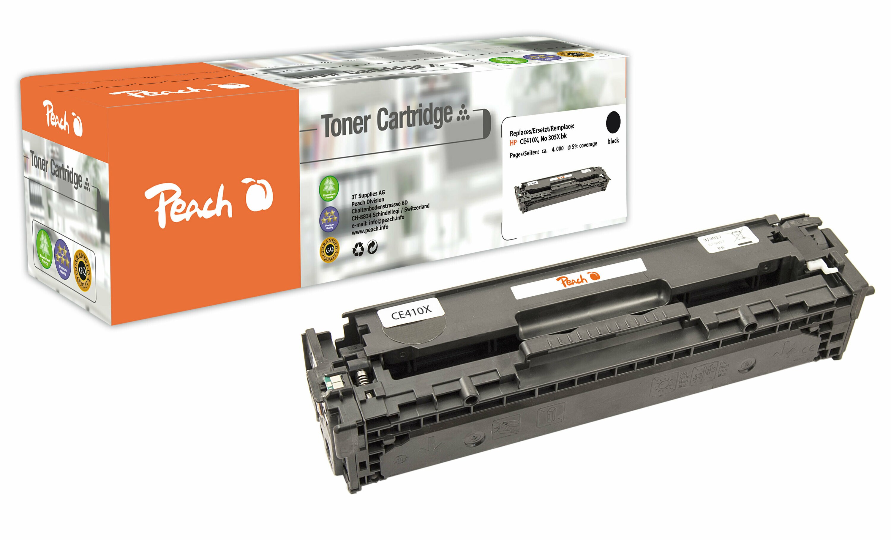 Peach HP 305 XBK Toner XL bk ersetzt HP No. 305X BK, CE410X für z.B. HP LaserJet Pro 300 color MFP M 375 nw, HP LaserJet Pro 300 color M 351 A (wiederaufbereitet)