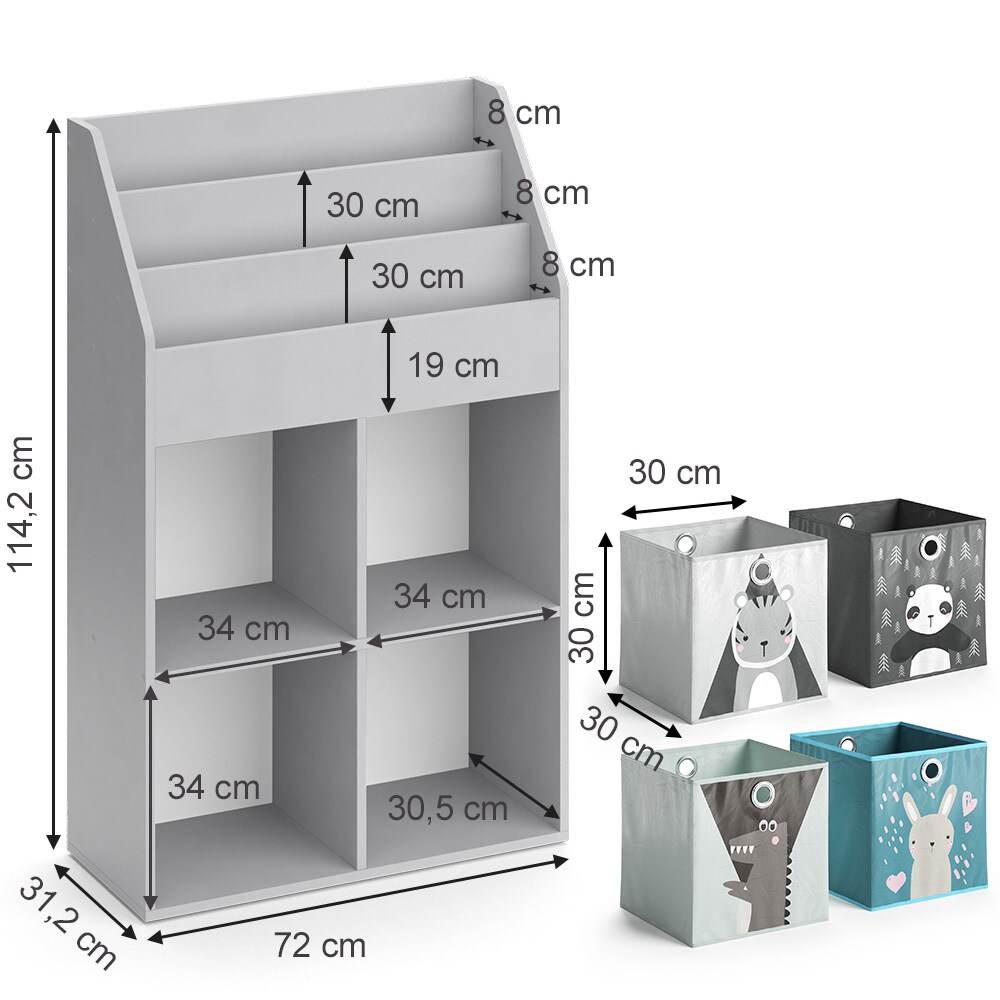 Vicco Kinderregal Bücherregal Wandregal Luigi Hellgrau 72x114 cm modern Kinderzimmer Regal Spielzeugregal Dekoregal Standregal Aufbewahrungsregal Würfelregal Ablage Fach freistehend Faltbox