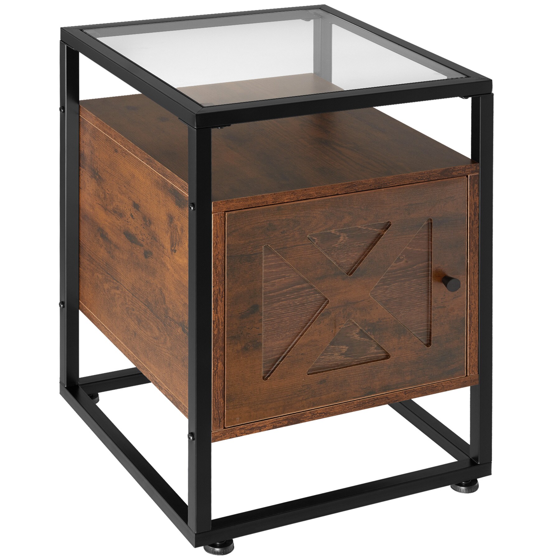 tectake® Nachttisch, Industrial Style, mit Glasplatte, Staufach mit Magnettür und Einlegeboden, 40 x 43 60,5 cm