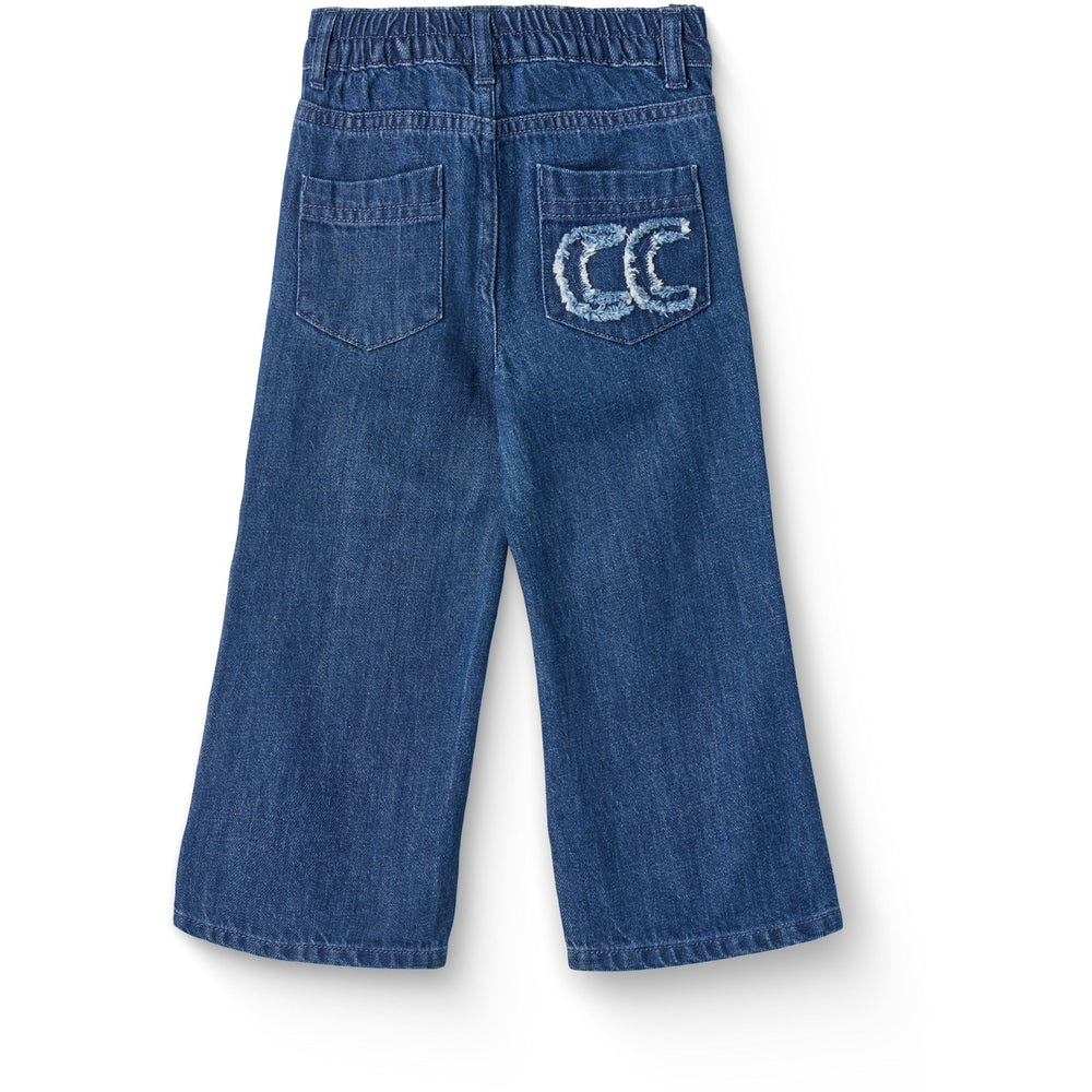 Køb COPENHAGEN COLORS Dark Indigo Blue Washed Organic Denim Bukser W. Pocket Embroidery & Wide Leg