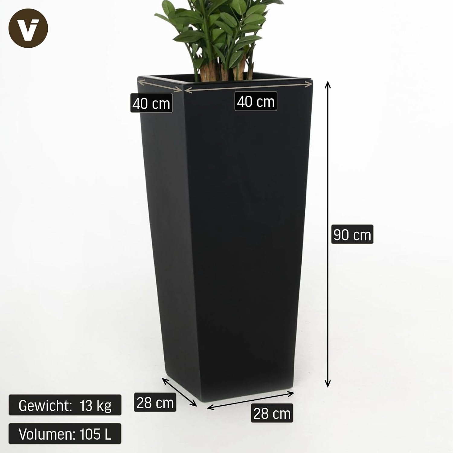VIVANNO Pflanzkübel Pflanzgefäß Blumenkübel Fiberglas anthrazit-grau Classic - 40x40x90 cm