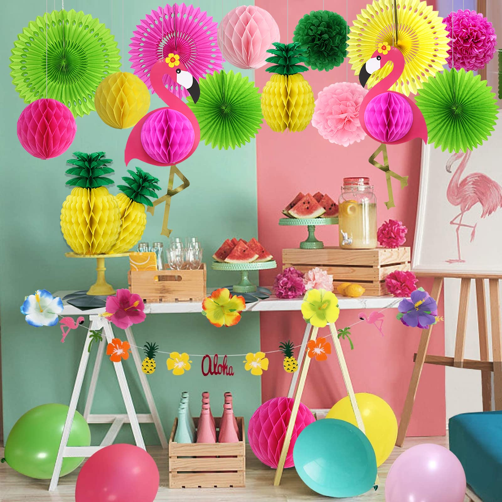 (45-tlg. Set) Sommer Party Dekoration Flamingo und Ananas Pompon's / Rosetten / Palmenblätter / Blumen - Tropical Hawaii