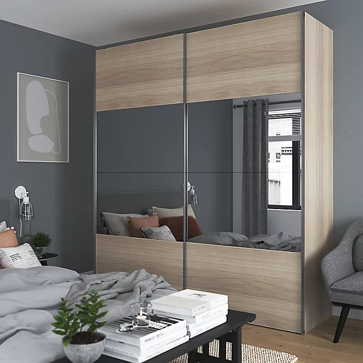Armoire penderie portes coulissantes effet chêne et miroir GoodHome Atomia H. 225 x L. 200 x P. 63,5 cm