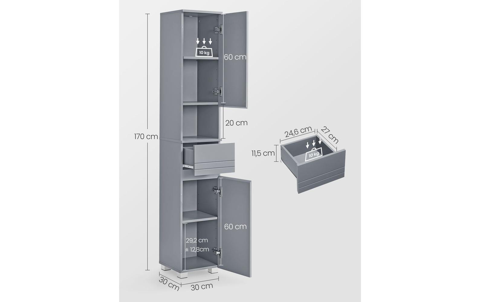 Badezimmerregal 30 x 170 cm, GrauSSchmaler Schrank mit verstellbaren Ablagen