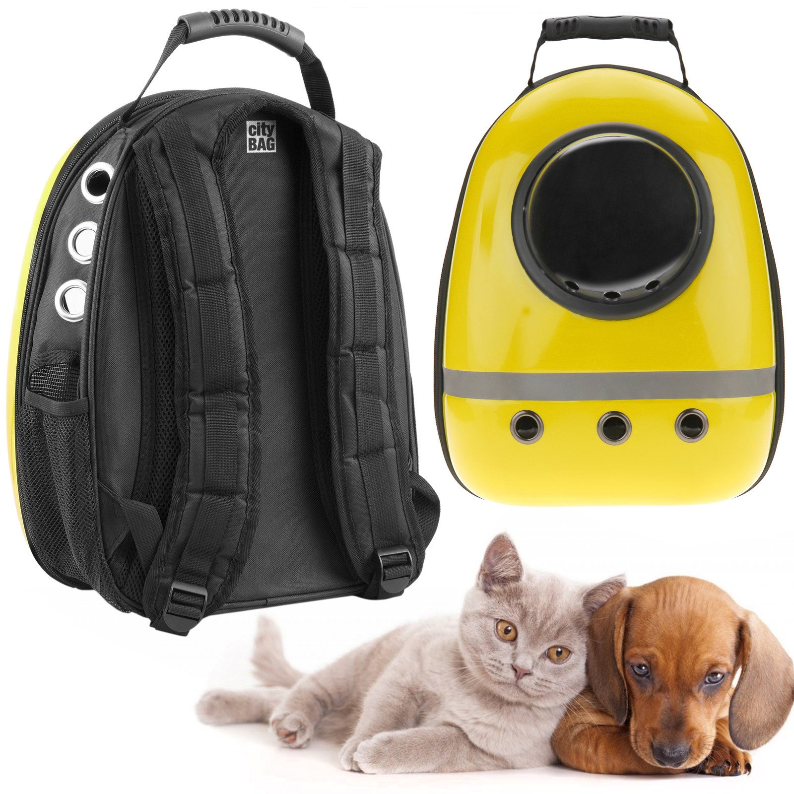 Mochila transportadora para cães e gatos. Mochila rígida de plástico amarelo.
