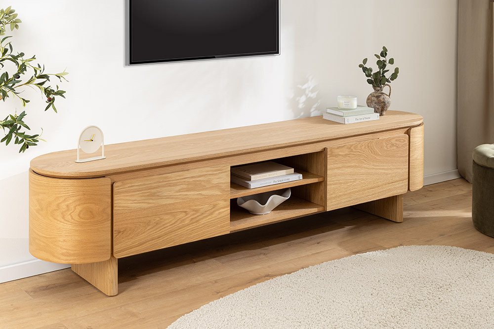Modernes TV-Board OAK GRAIN 200cm natur Eichenholz zwei Fächer mit Schubladen