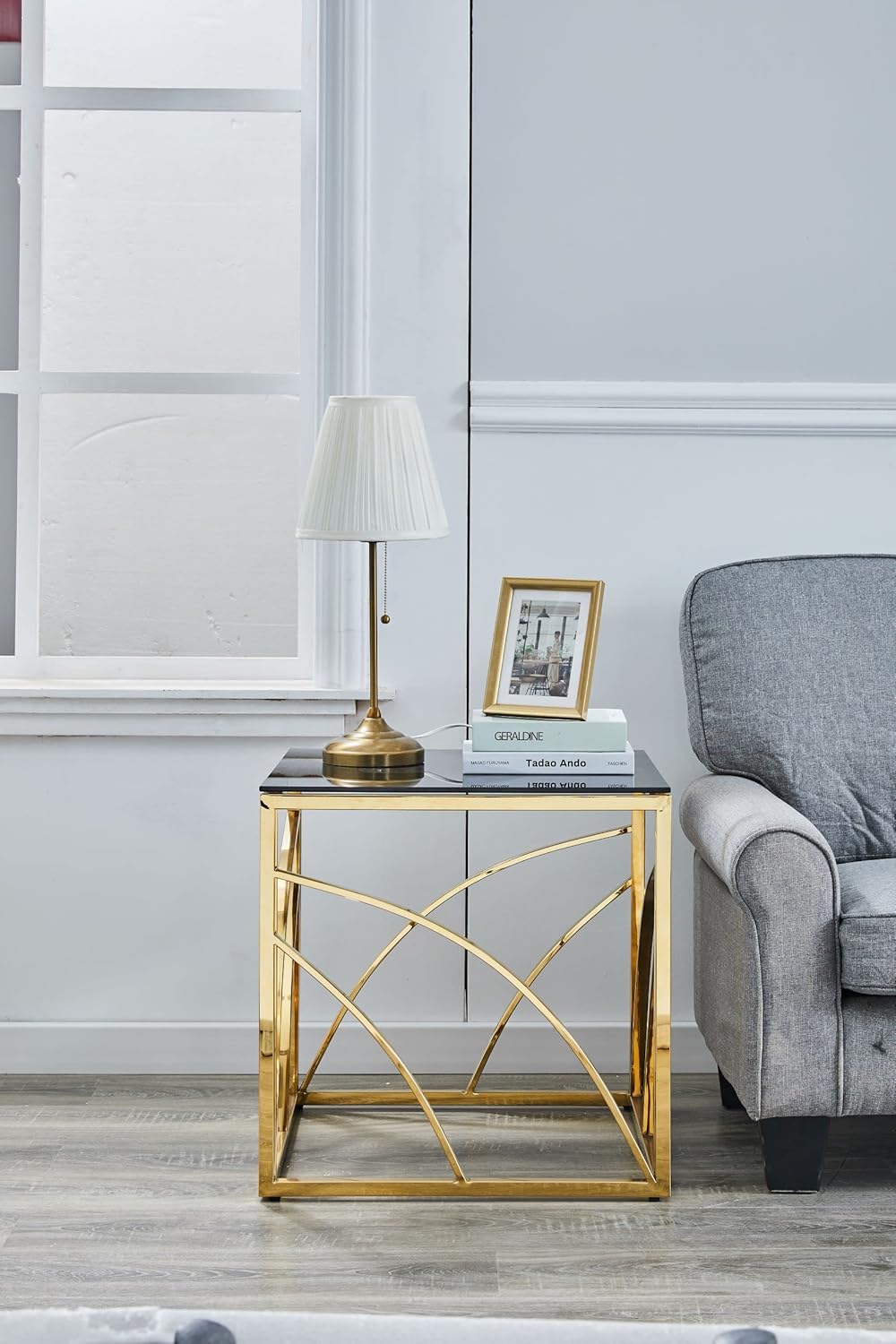 Beistelltische Couchtisch Sofatisch für Wohnzimmer, Schlafzimmer Küche Café und Bar, moderner Kaffeetisch mit Edelstahl Gestell und transparentem Hartglas (golden Grauer Glas)