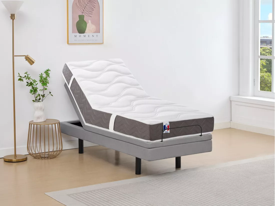 Lit électrique de relaxation déco + matelas 100% latex 3 zones - 90 x 200 cm - Tissu - Gris - PANISOLA de YSMÉE