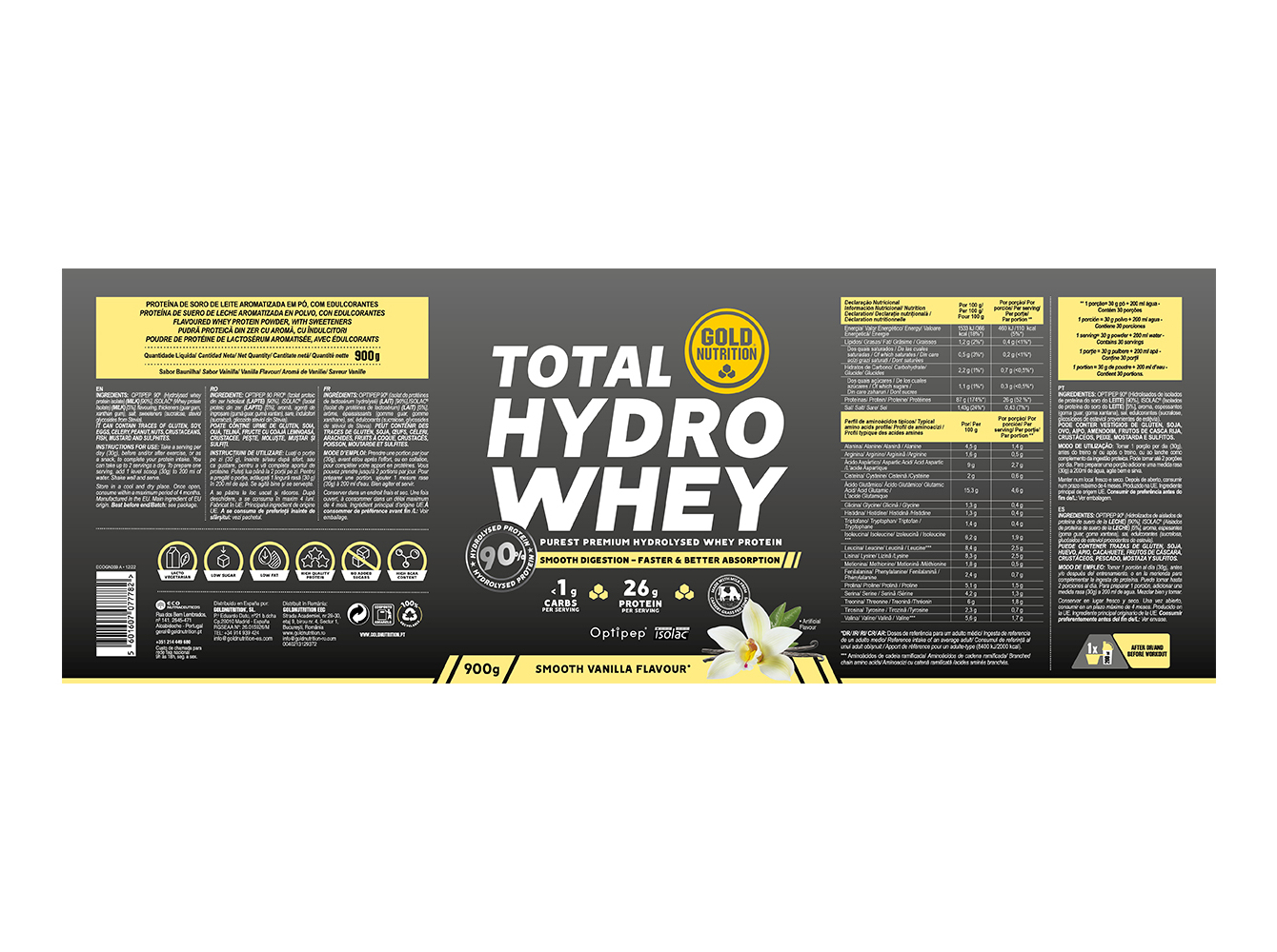 PROTEINA GOLDNUTRITION TOTAL HYDRO WHEY BAUNILHA 900G