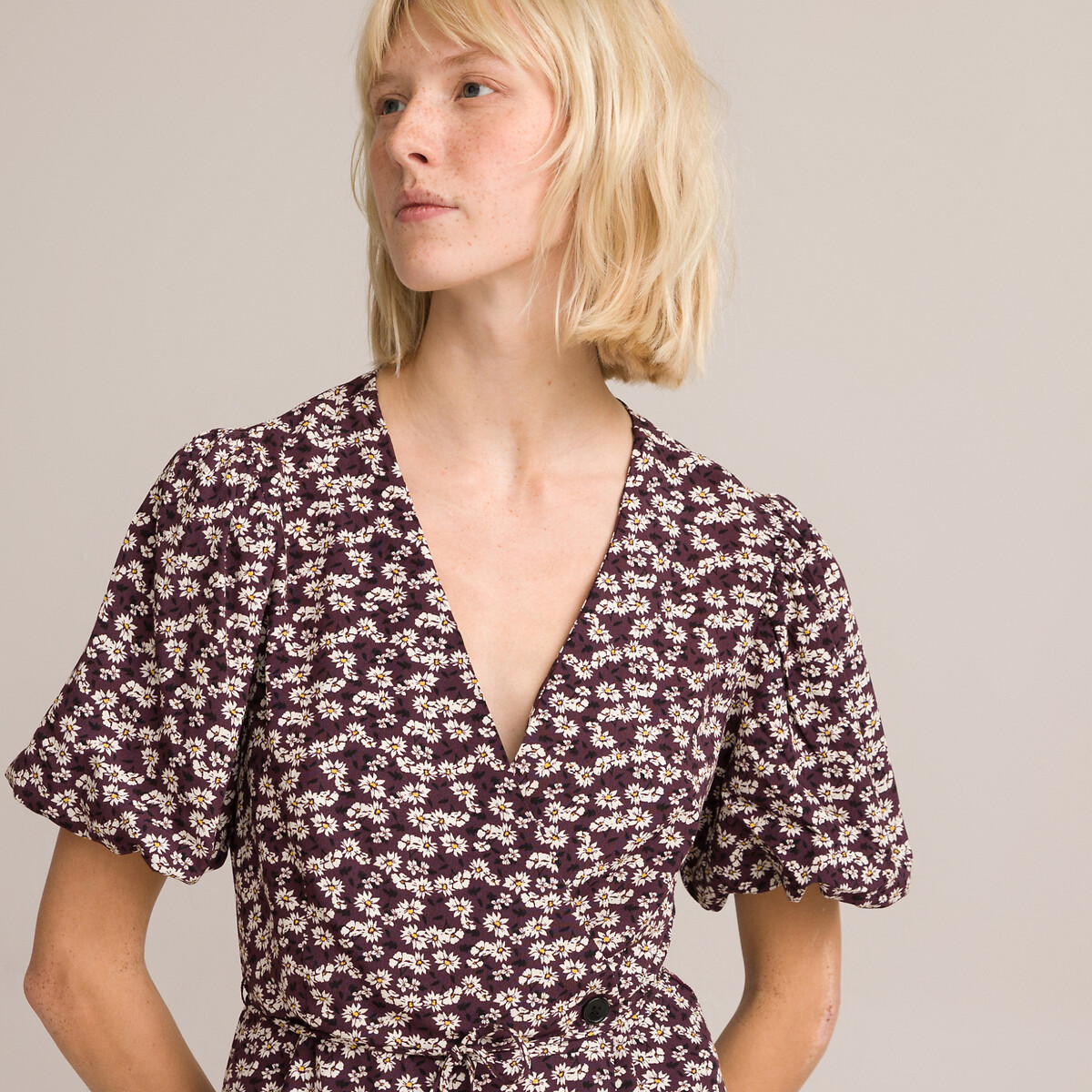 COLEÇÕES LA REDOUTE<br>Vestido envelope com mangas curtas bufantes