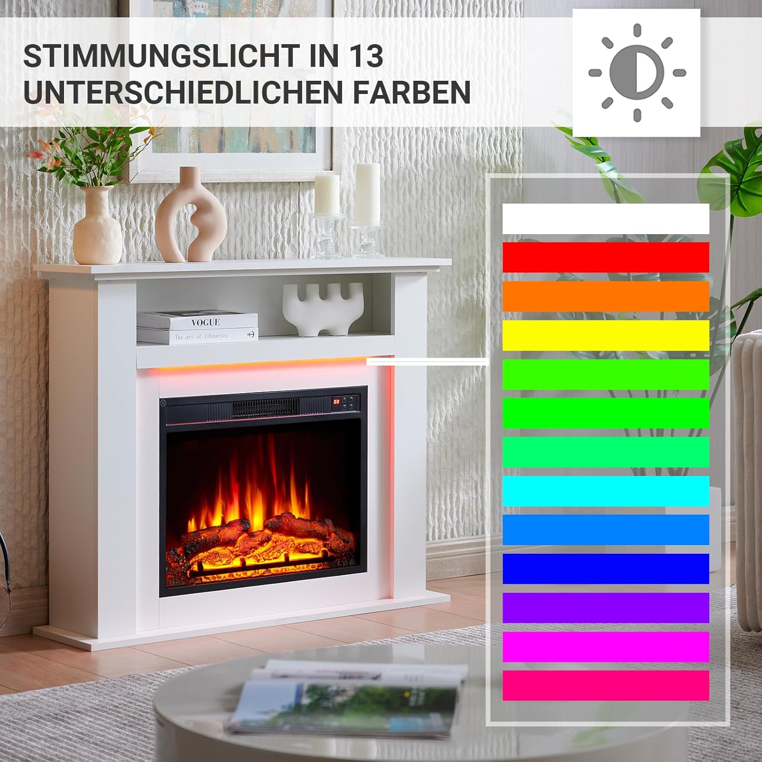 Elektrokamin BALDERIA Liora - Elektrischer Standkamin mit Ablagefach, 3D-Flammeneffekt, LED-Ambientebeleuchtung, Heizung 2000W, Timer, Thermostat, Fernbedienung - Liora Weiß