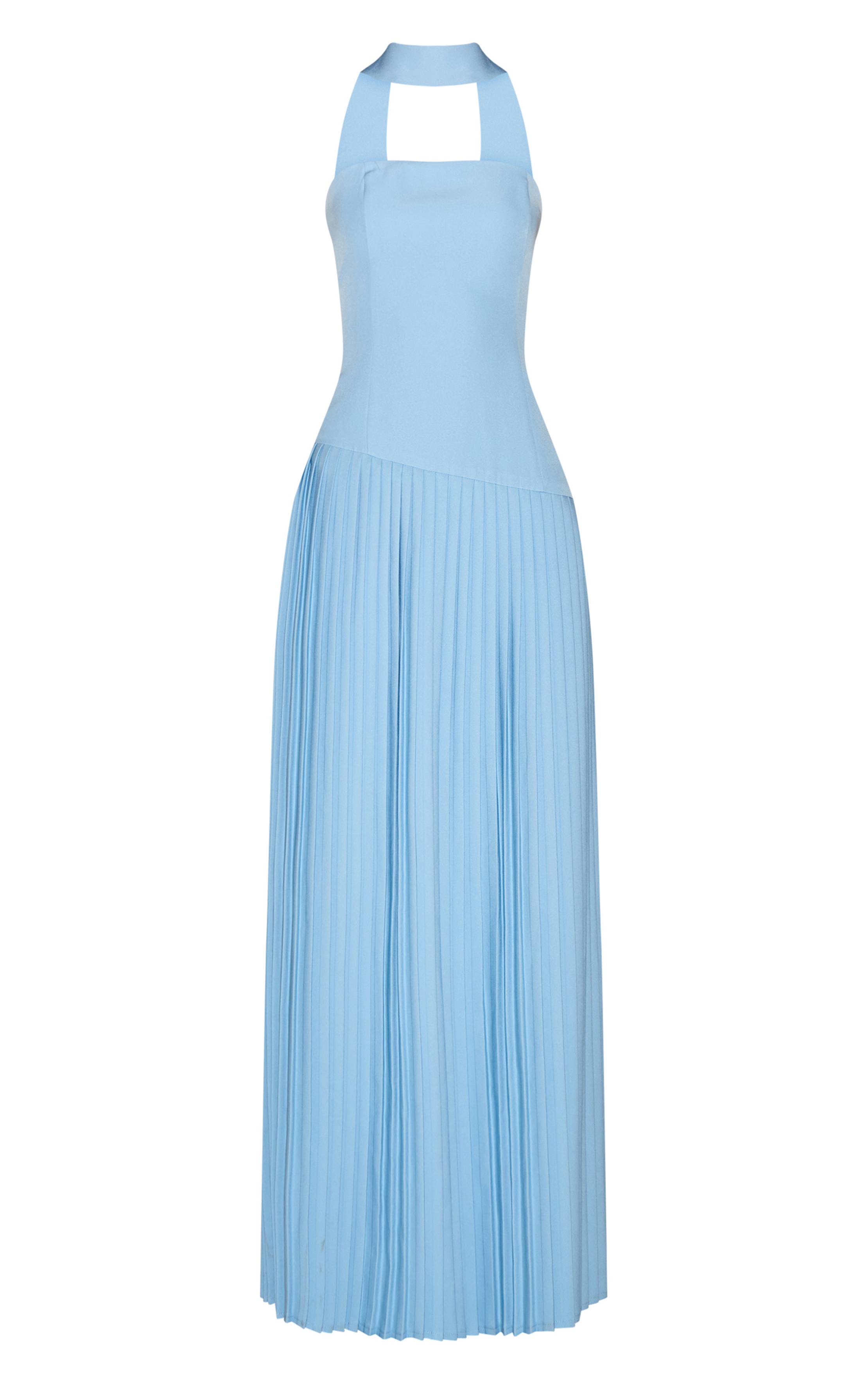 Bleu Pâle Robe Maxi Plissée Asymétrique En Tissu Tissé