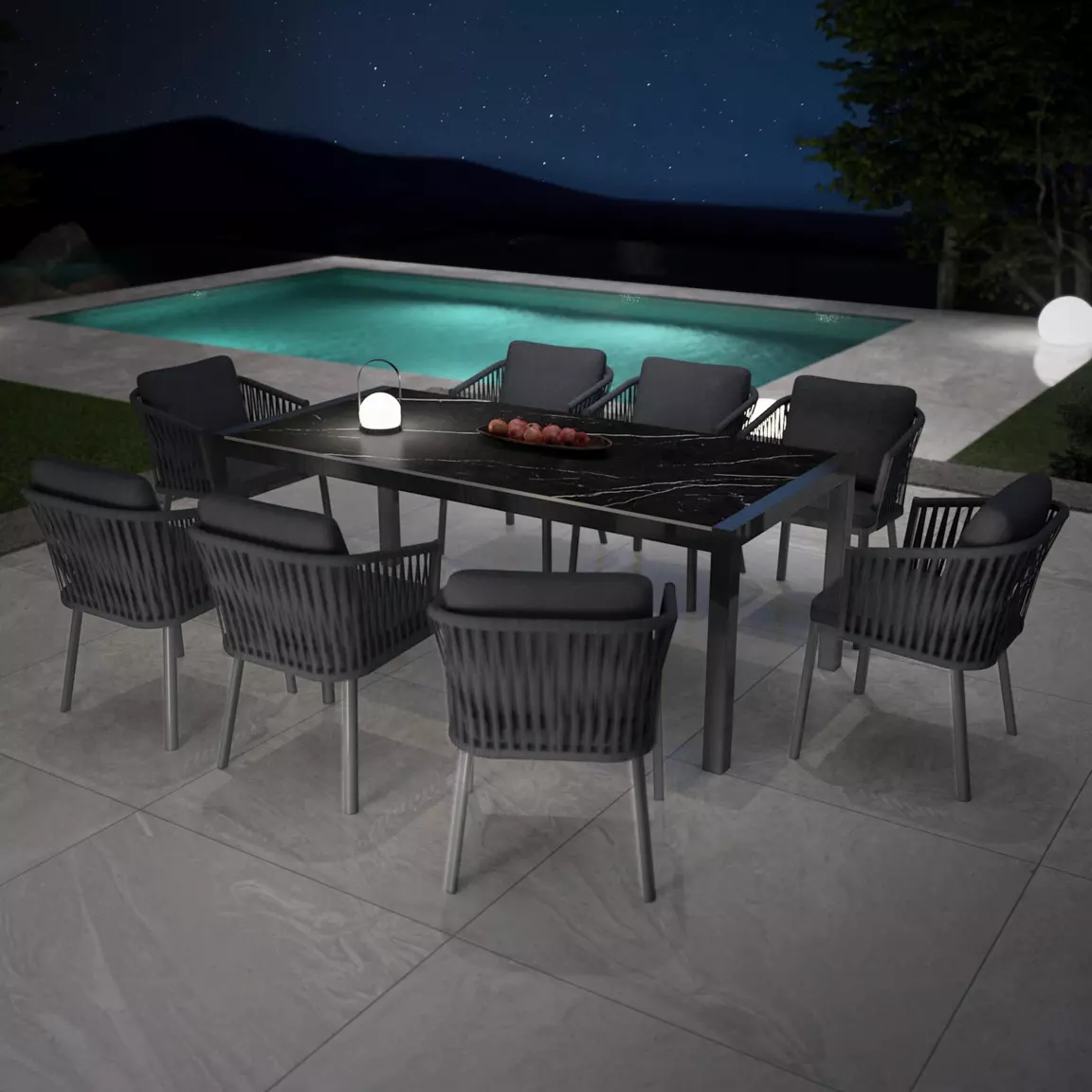 Table de jardin en aluminium et céramique 8 places (180 x 90 cm) Modena Noir marbré