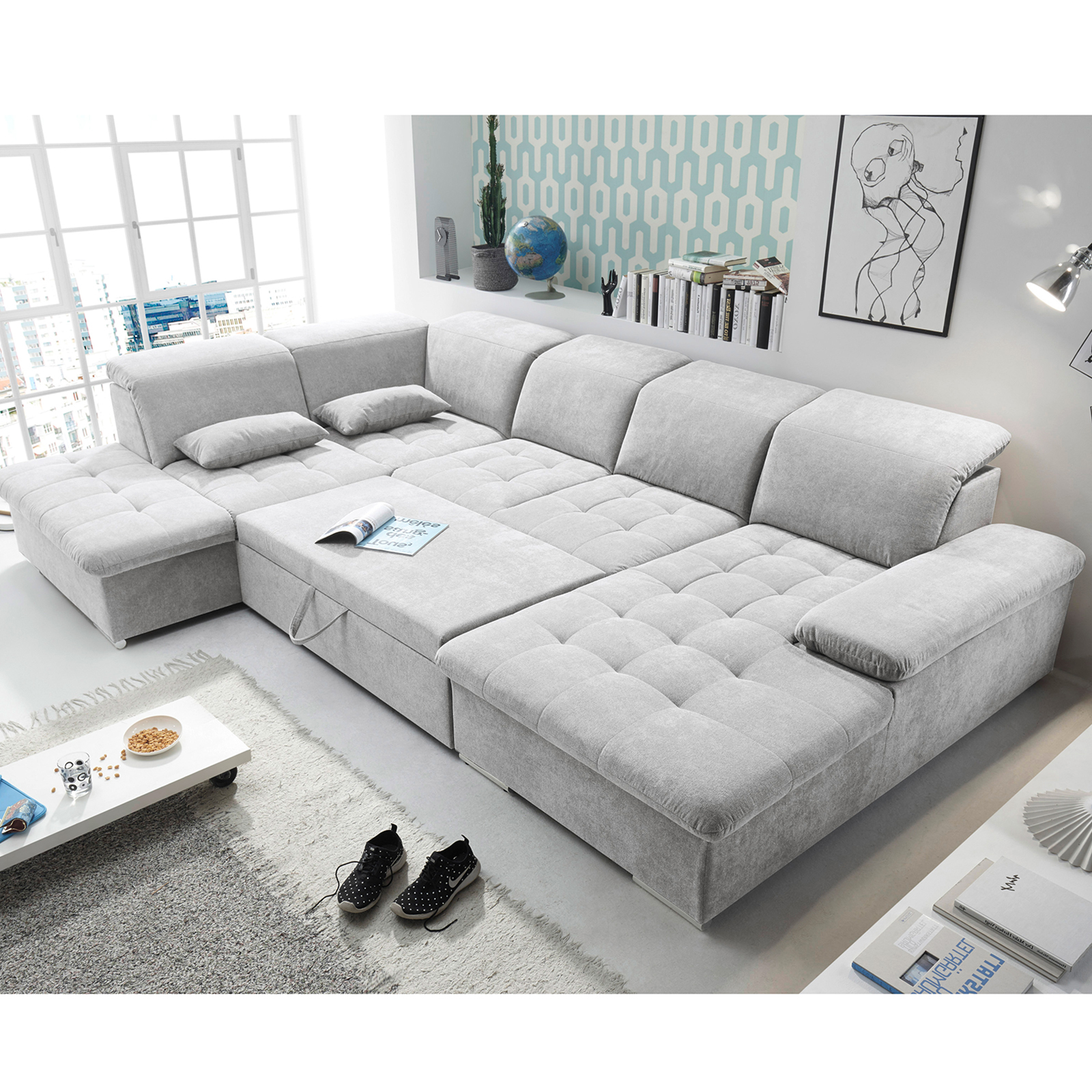 Wohnlandschaft - silber - Liegefunktion - Recamiere links