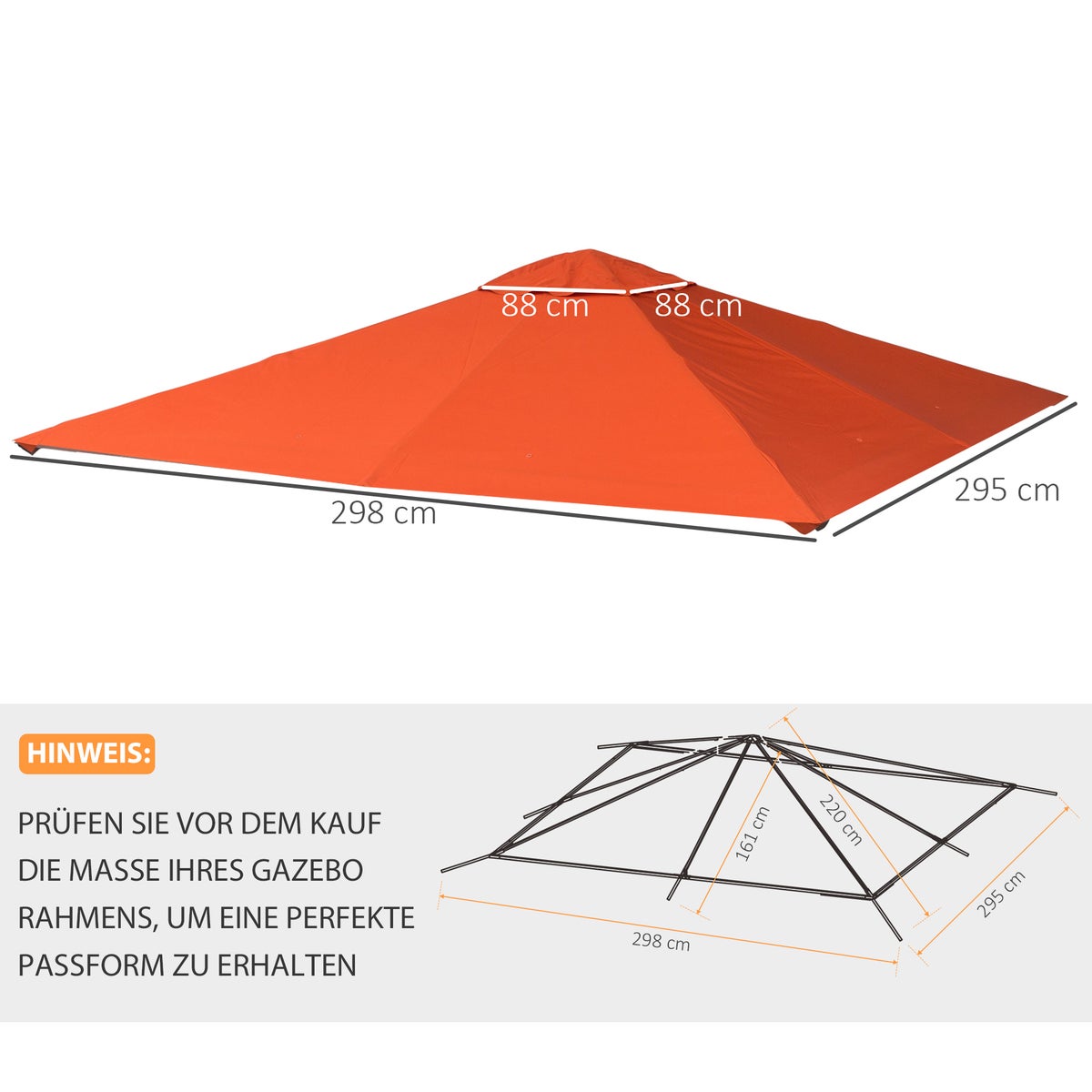 Outsunny vervangingsdak voor tuinpaviljoen, 2,98 x 2,95 m, zonwerend polyester, oranje