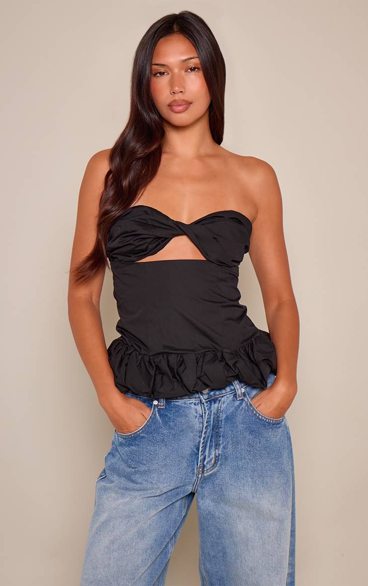 Noir Top Bandeau Tissé À Buste Torsadé Et Ourlet Bouffant