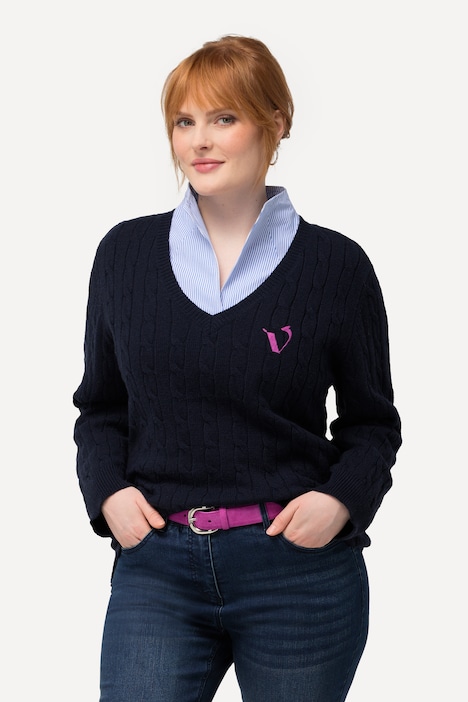 Pullover, Zopfmuster, V-Ausschnitt, Langarm