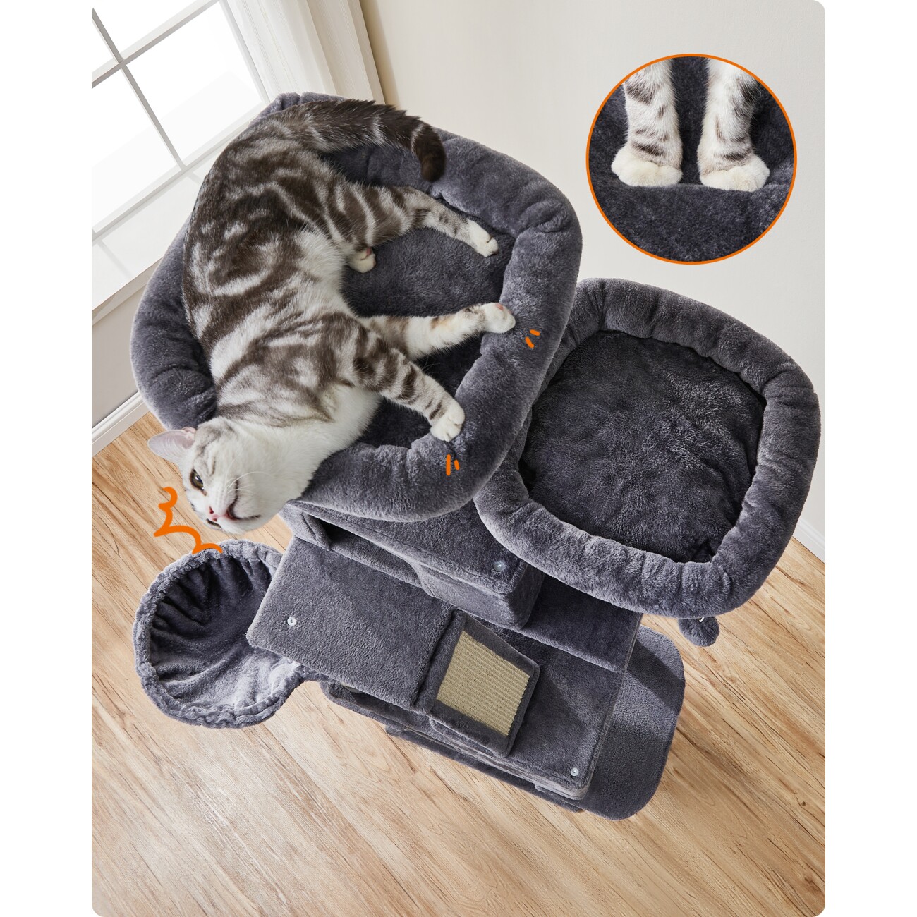 FEANDREA Katzenbaum XXL 206cm Kratzsäulen dunkelgrau