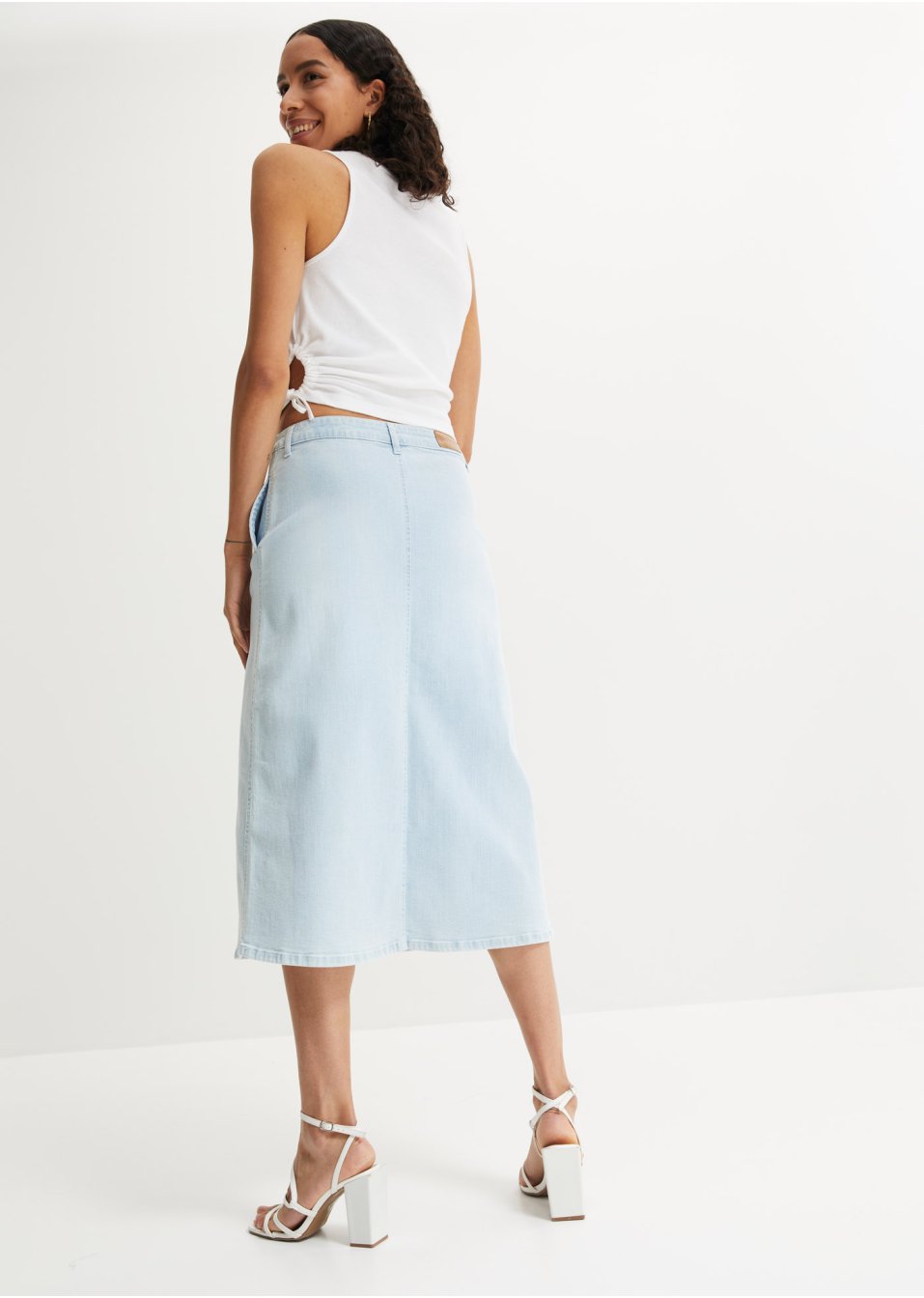 Jupe en jean extensible, longueur midi