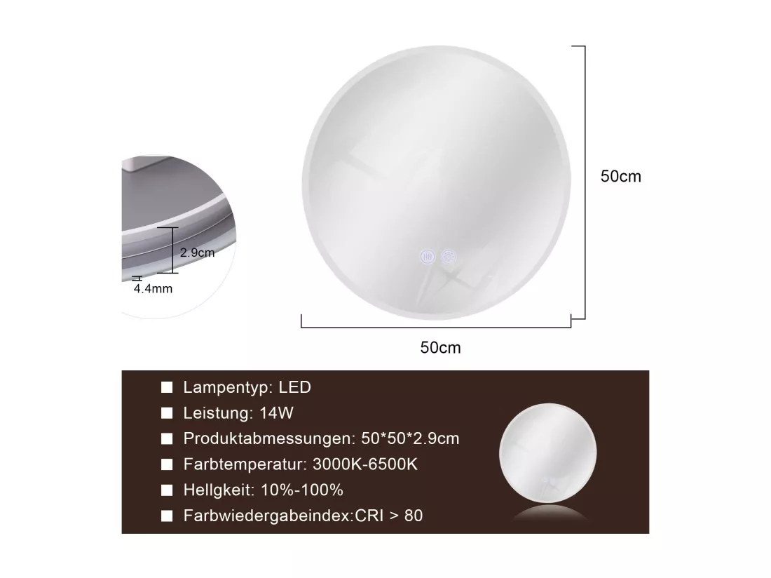 NETTLIFE Miroir avec éclairage rond Miroir mural LED IP44 50 cm avec fonction miroir tactile éclairé rond avec lumière dimmable