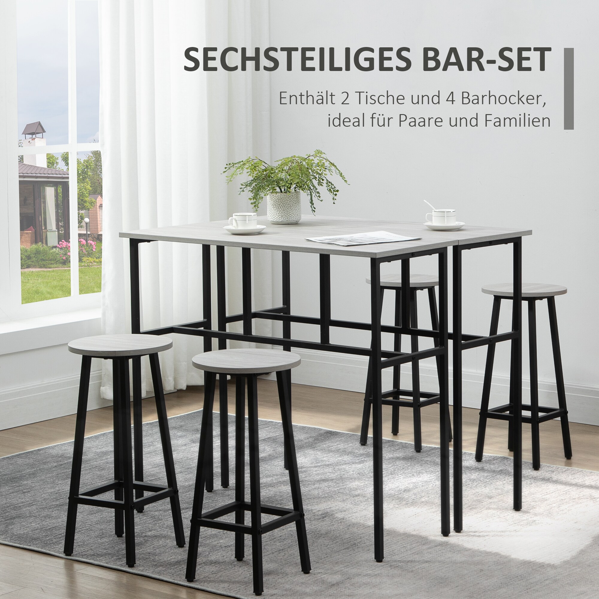 HOMCOM Bartisch-Set mit 4 Hockern schwarz, grau 100L x 40B x 90H cm