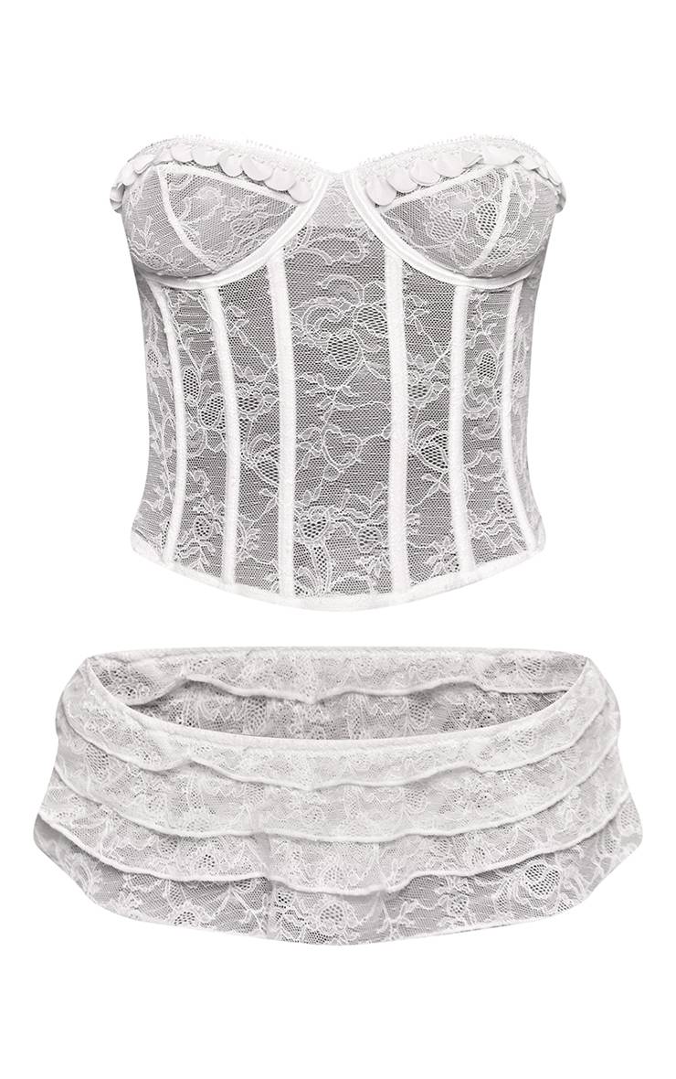 Blanc Ensemble Corset En Dentelle Avec Détails Contrastants Et Culotte À Volants