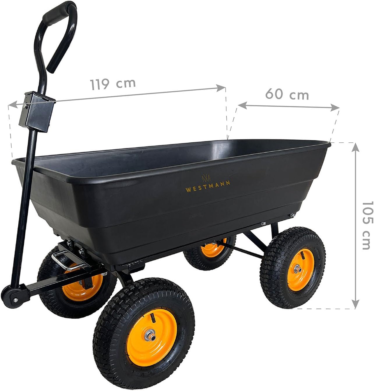 Westmann Prakta M Gartenwagen | Kunststoffkarre mit Kippfunktion | 125 L | 300 kg Tragkraft | Luftreifen & Zugstange