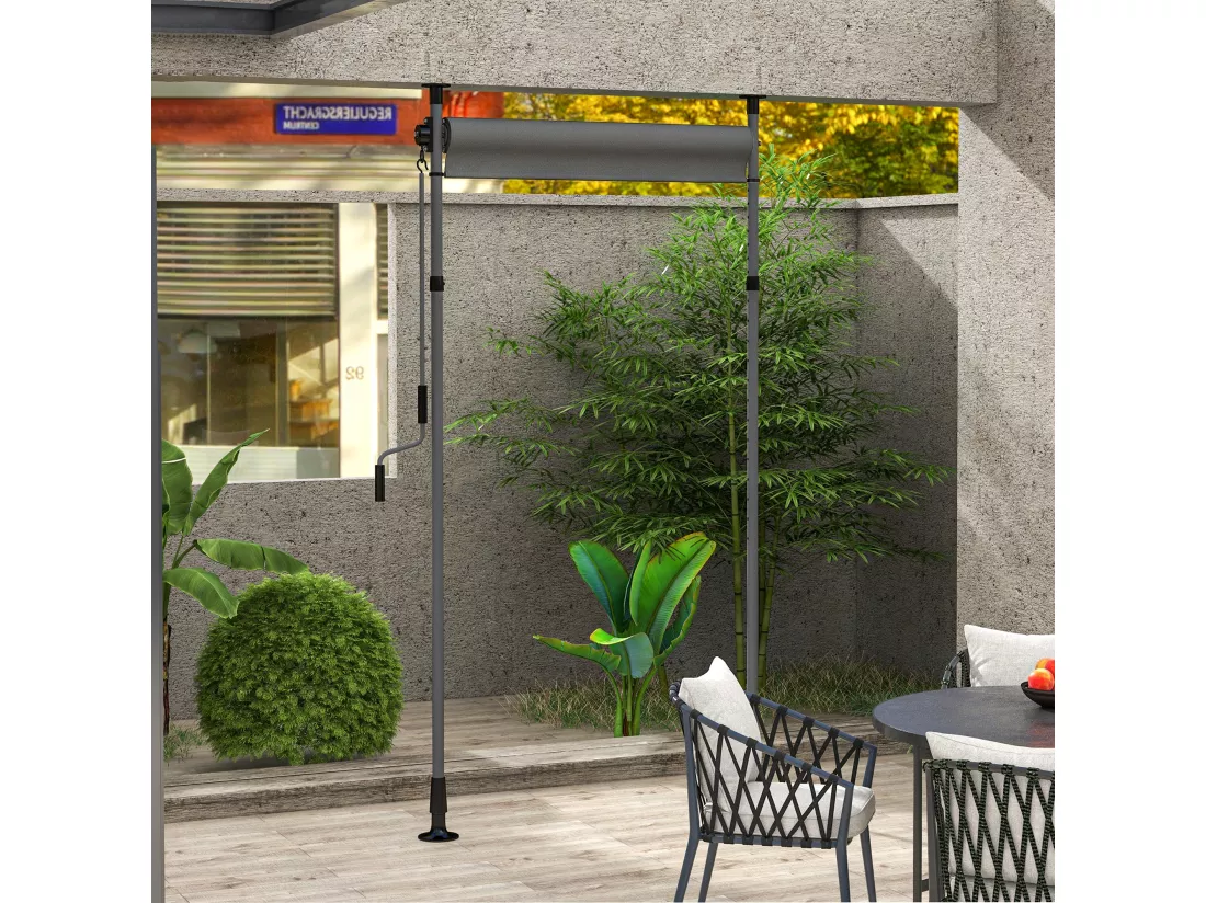 Store extérieur sur pied store manuel rétractable enroulable réglable dim. 1,5 x 2,2-3,1 m avec manivelle métal alu. polyester gris foncé