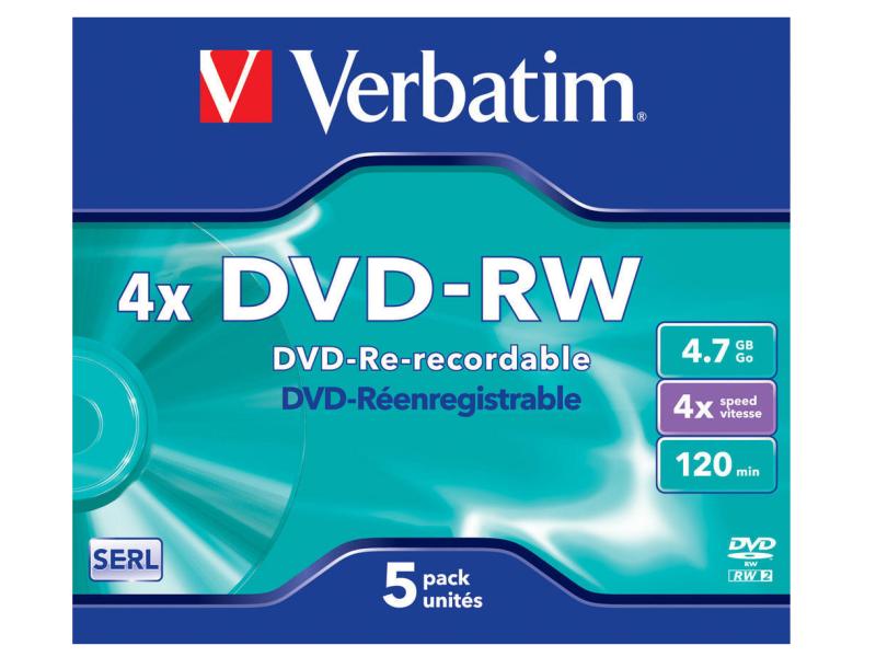 Verbatim DVD-RW 43285 4.7 GB, Jewelcase (5 Stück) DVD-RW-Rohlinge, 5er Pack