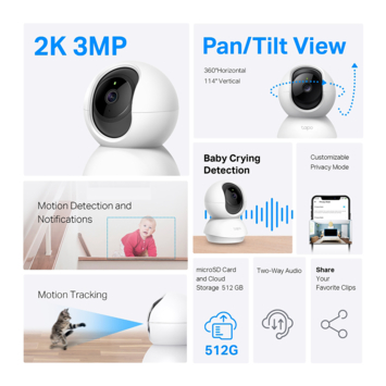 TP-Link Tapo TC71 beveiligingscamera voor binnen 2K 3MP bedraad Pan/Tilt