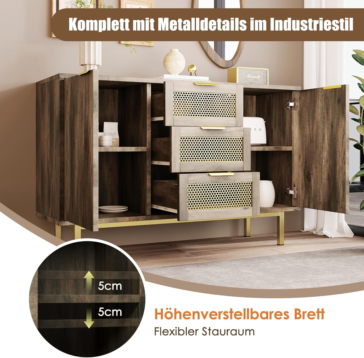 Generisch Sideboard-Schrank Kommode Mit 3 Schubladen Und 2 Türen, 120 X 40 X 76 cm, Dunkelbraun, Metallgriffe Kommode, Mehrzweckschrank Für Flur, Schlafzimmer, Wohnzimmer Und Kinderzimmer,Braun