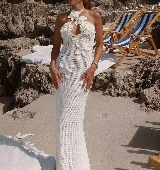 Alizio - Halter effen bloemen gehaakte maxi-schede-jurk