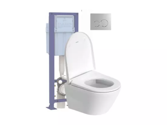 Pack WC suspendu compact sans bride DURAVIT D-Neo avec abattant frein de chute + bati support SIAMP + Plaque de commande chromée