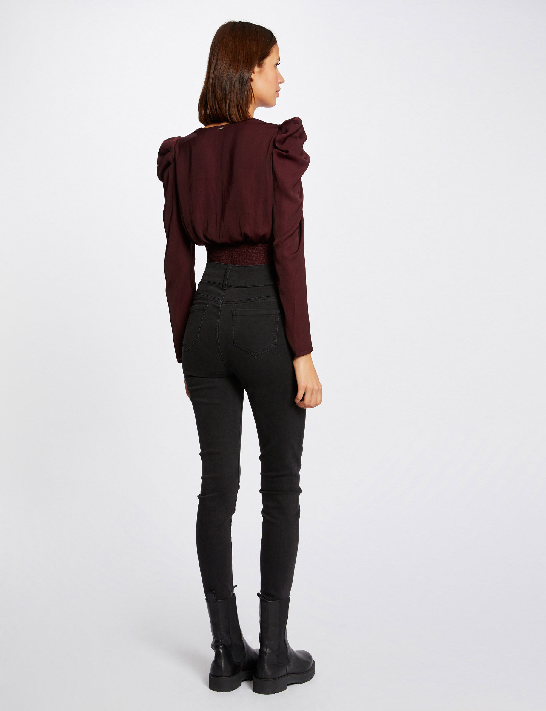 Blouse manches longues col cache-coeur prune femme - prune