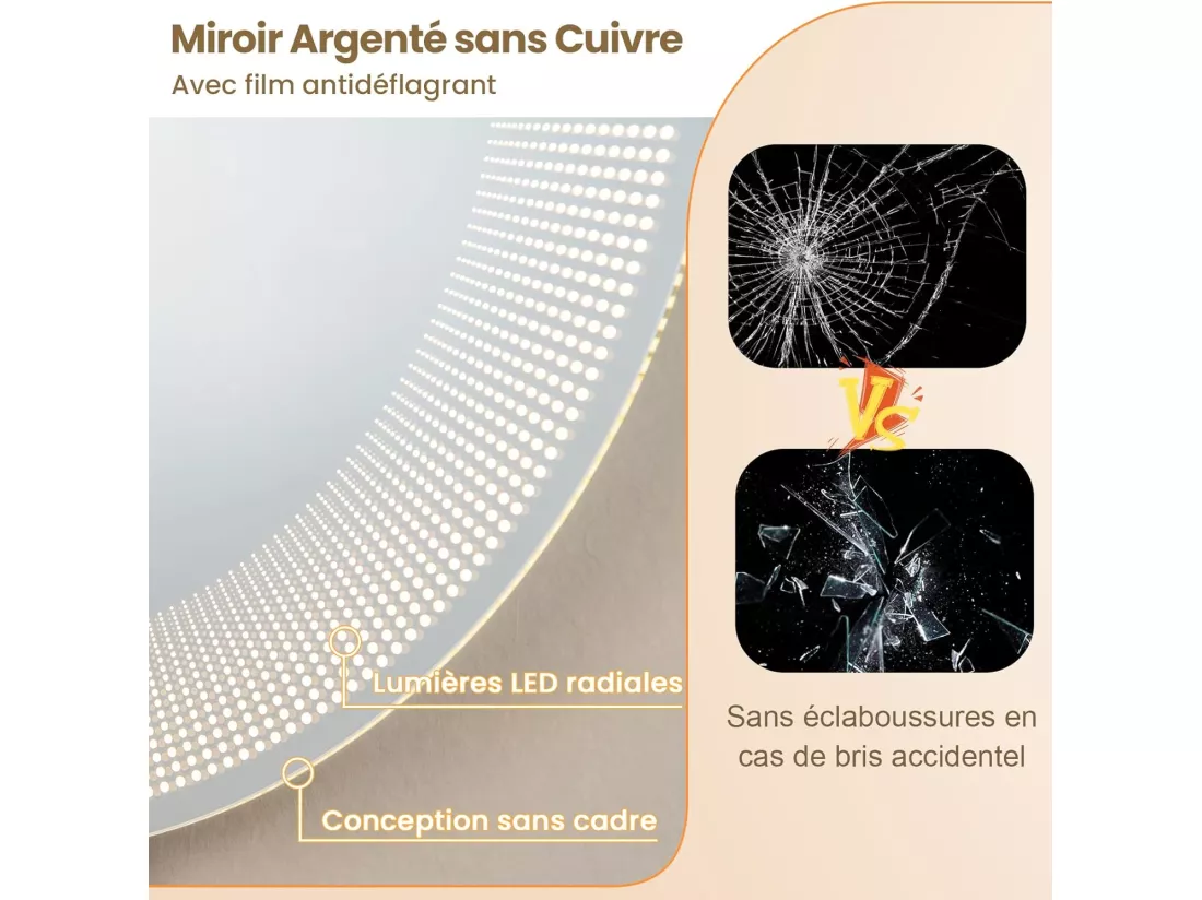 Miroir Salle de Bain LED à 3 Couleurs & Luminosité Réglable, Miroir Mural Anti-Buée, Miroir Lumineux avec Interrupteur Tactile et Fonction Mémoire, Affichage Temps/Température, IP44, Ø 60 CM