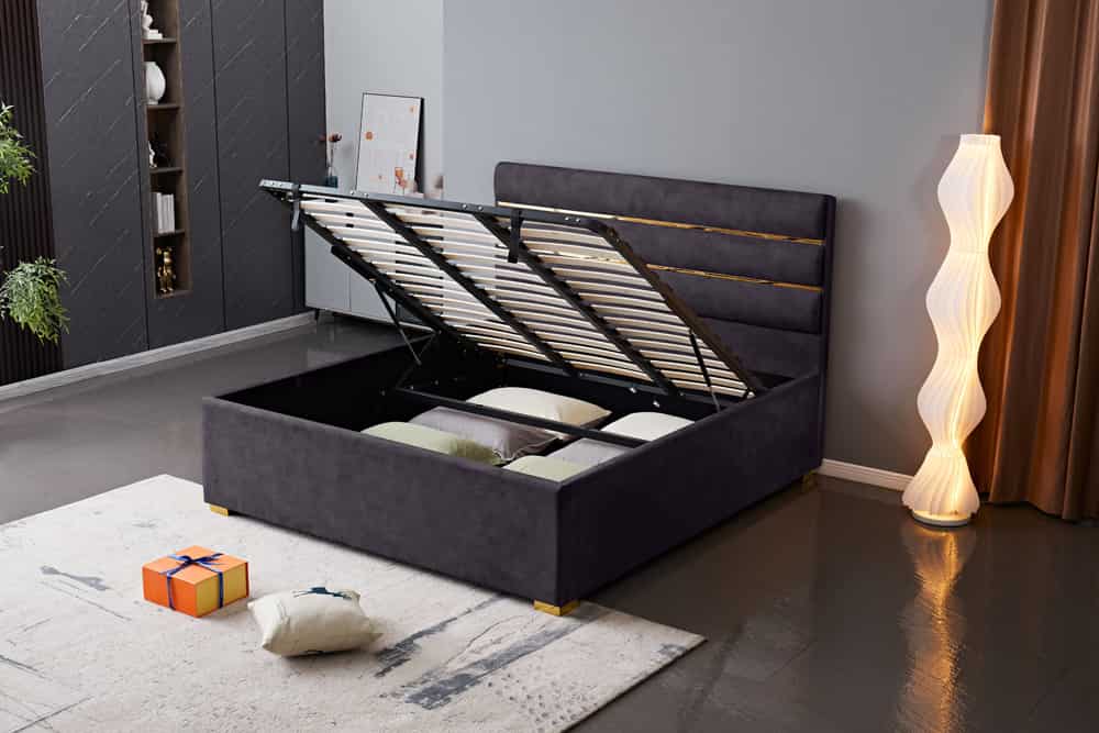 Modernes Boxbett METROPOLITAN 180x200cm grau Samt mit Lattenrost und Stauraum