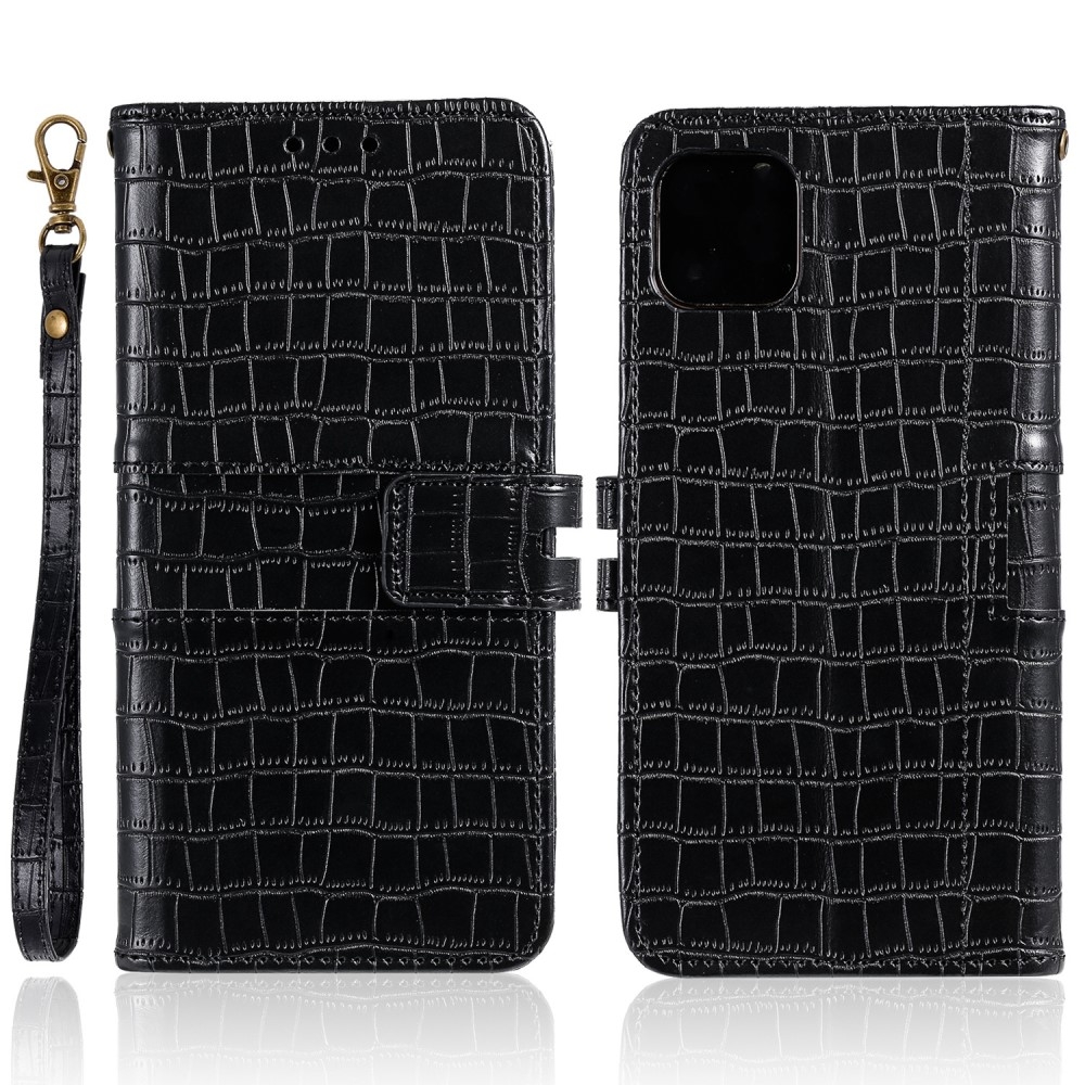 iPhone 12 / iPhone 12 Pro Leder Tasche im Kroko Look mit Kartenfach   Magnetverschluss - Schwarz