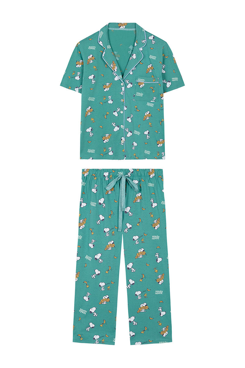 Pijama Camisa Snoopy 100% Algodão Verde Capri - Estampado