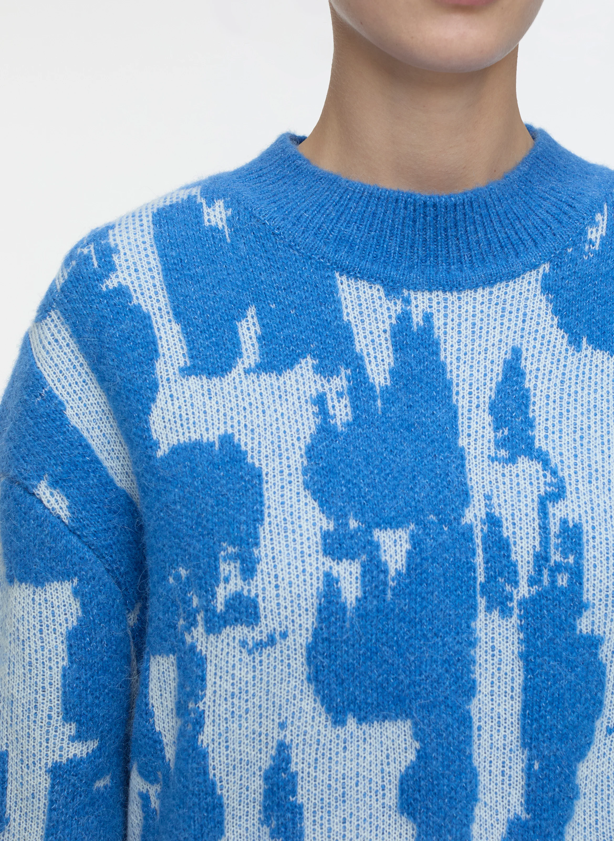 Pull col rond jacquard en laine et en cachemire mélangés | Bleu