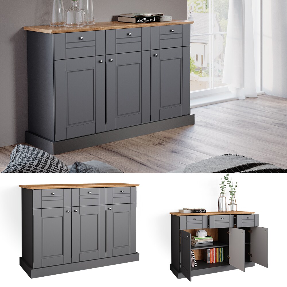 Vicco Sideboard Kommode Mehrzweckschrank Bergamo Grau Eiche Wohnzimmer Schrank 121x87 cm Vintage Ablage Schublade Schranktür Anrichte Wohnzimmermöbel