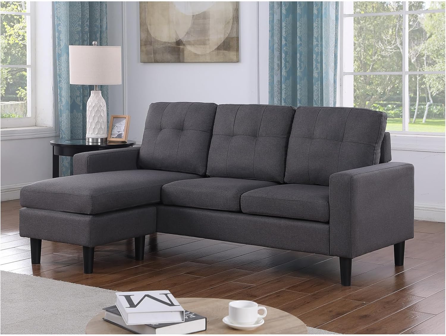HTI living Polstercouch mit Variabler Ottomane Reva Grau Dreisitzer mit Hocker Ecksofa