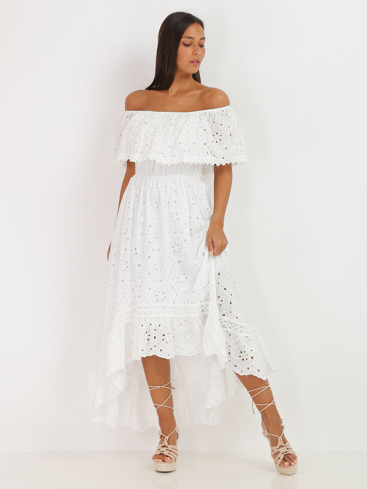 Robe longue asymétrique à broderie anglaise- Blanc