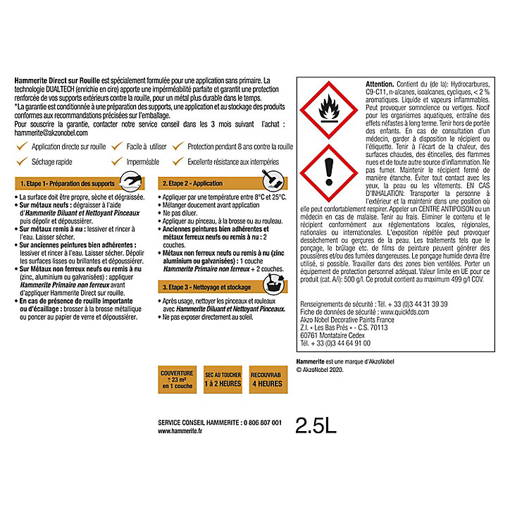 Peinture extérieure métal direct sur rouille Hammerite mat noir ferronnerie 2,5L