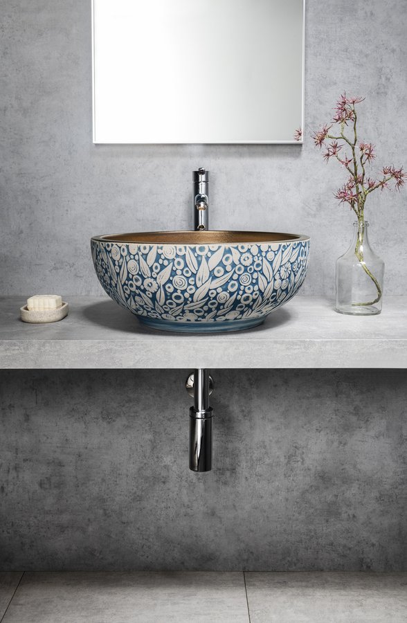 Sapho Priori waskom rond 40cm blauw-brons met decoratie