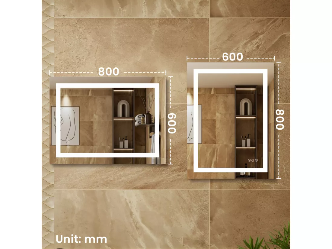 Miroir à capteur LED, Miroir de courtoisie à Induction,éclairage à intensité Variable, IP64, Vertical/Horizontal pour Salle Bain (80x60cm), Argent