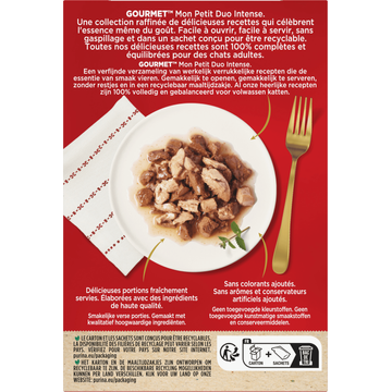 PURINA® Gourmet® Mon Petit Intense DUO Fijne stukjes met Kip en Zalm, met Tonijn en Rund, met Kalkoen en Forel 6x50g natvoer